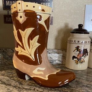 Brown and Cream Ceramic Cowboy Boot Cookie Jar